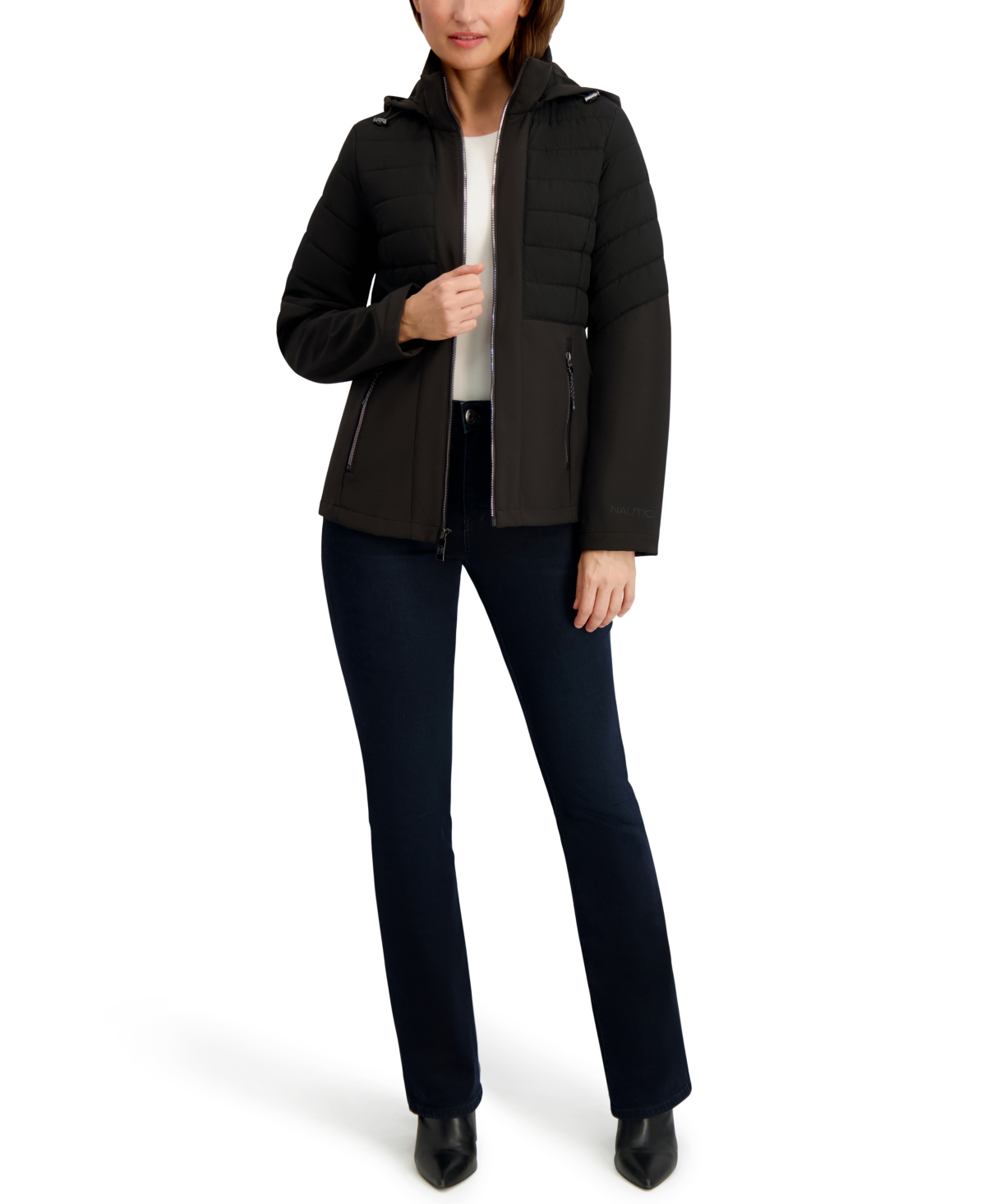 Nautica Women's Fleece-lined Hooded Softshell Coat In Black