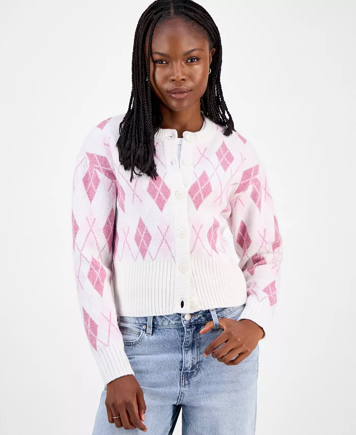 Juniors' Argyle Crewneck High-Rib Cardigan