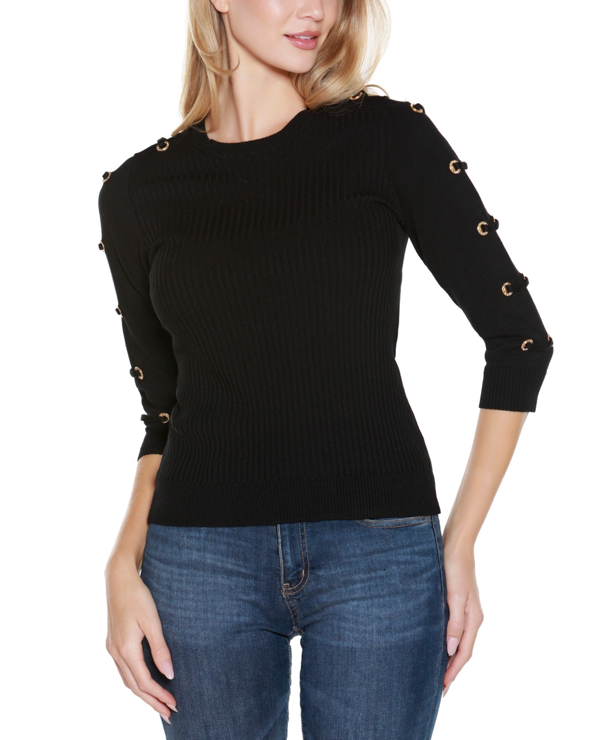 Belldini Plus Size Grommet-trim Ribbed Sweater In Black