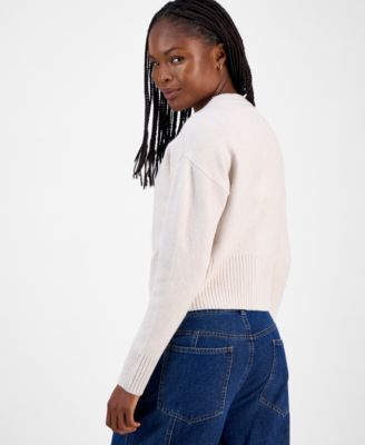 Juniors' Teddy Bear-Embroidered Crewneck Cardigan