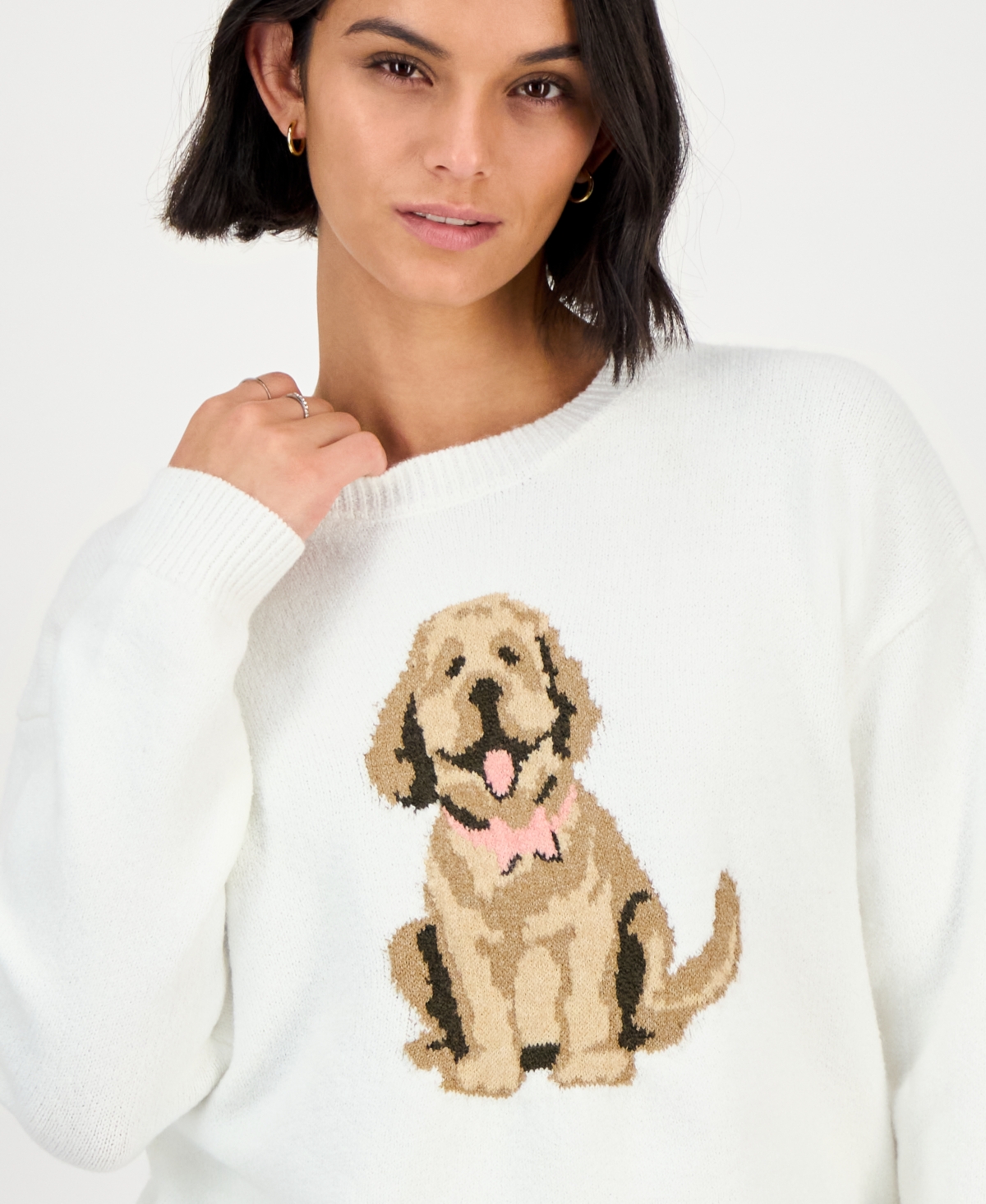Hooked Up By Iot Juniors' Mossy Dog Intarsia-knit Crewneck Sweater In White