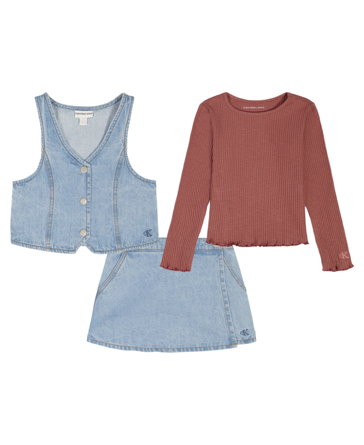 Calvin Klein Little And Toddler Girls 3-piece T-shirt, Vest And Skirt Set In Multi