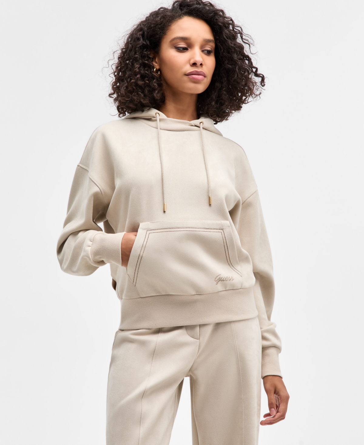 Guess Women's Hooded Scuba Long-sleeve Faux-suede Sweatshirt In Neutral
