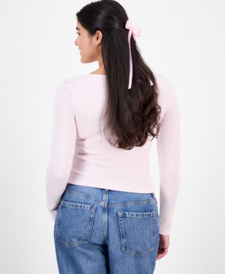 Juniors' Hacci Embroidered Long-Sleeve Henley