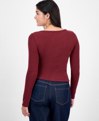 Juniors' Hacci Embroidered Long-Sleeve Henley