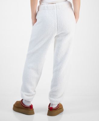 Juniors' Floral Embroidered Sherpa Fleece Jogger Pants