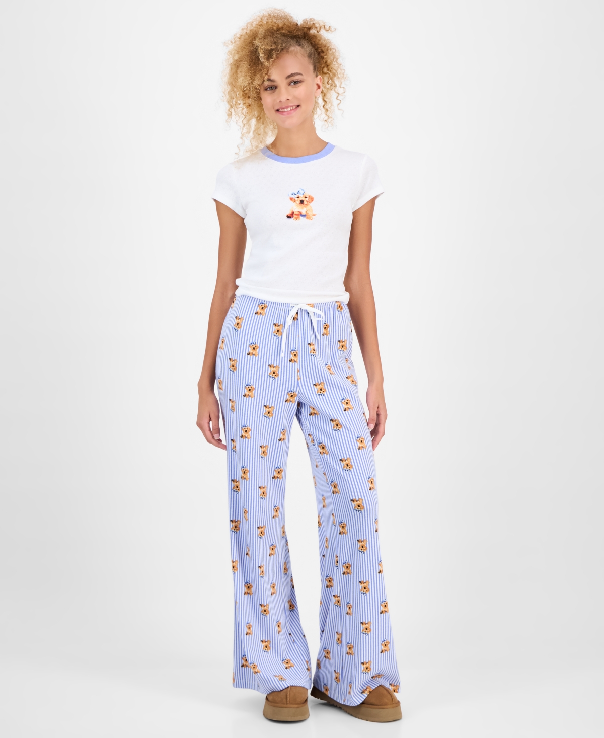 Just Polly Juniors' Pointelle Drawstring Wide-leg Lounge Pants In Blue