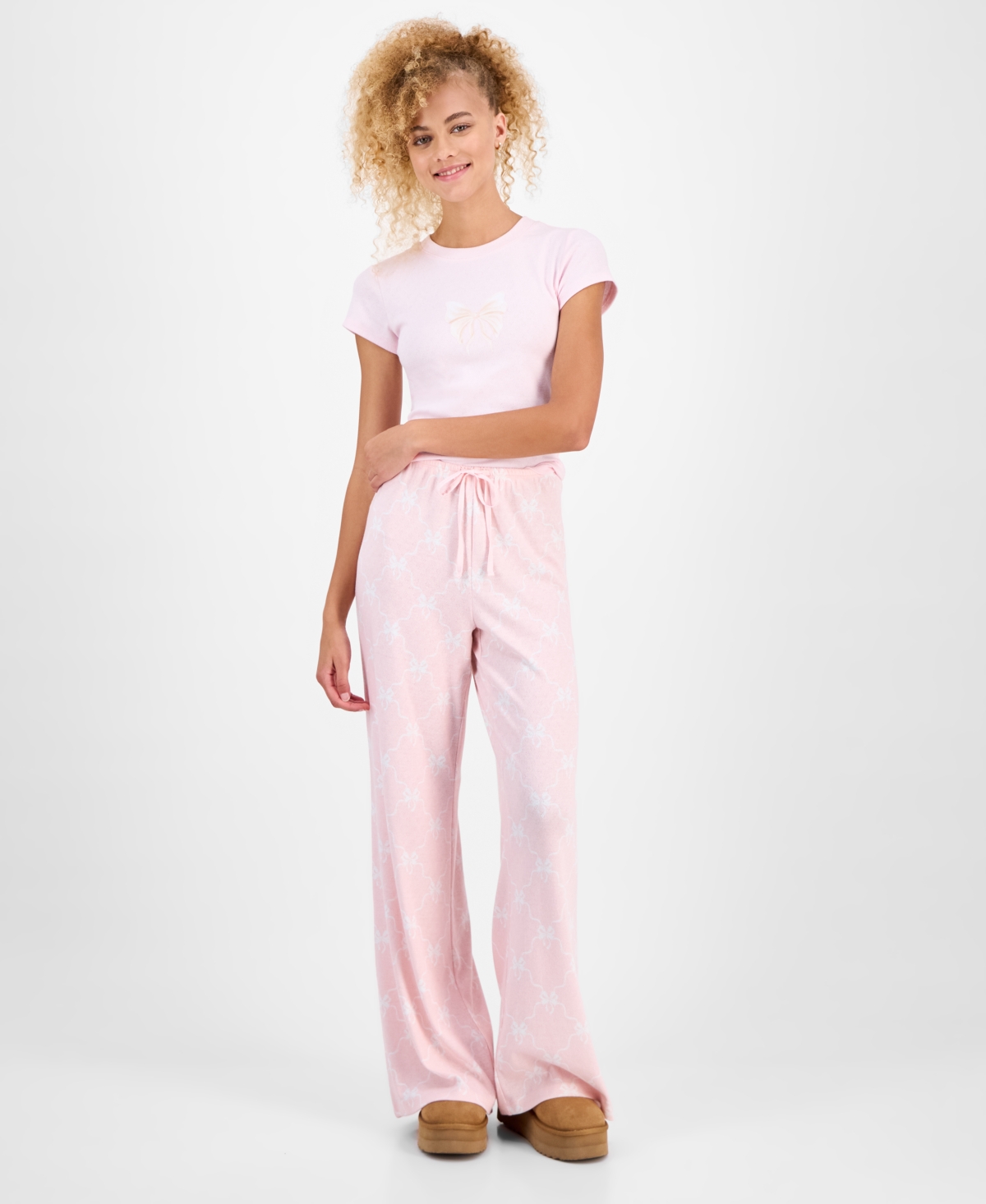 Just Polly Juniors' Pointelle Drawstring Wide-leg Lounge Pants In Pink