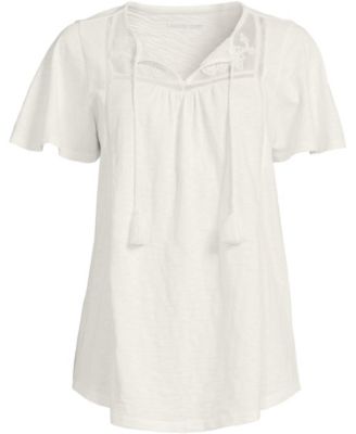 Women's Slub Flutter Sleeve Lace Trim Notch Neck Tunic Top