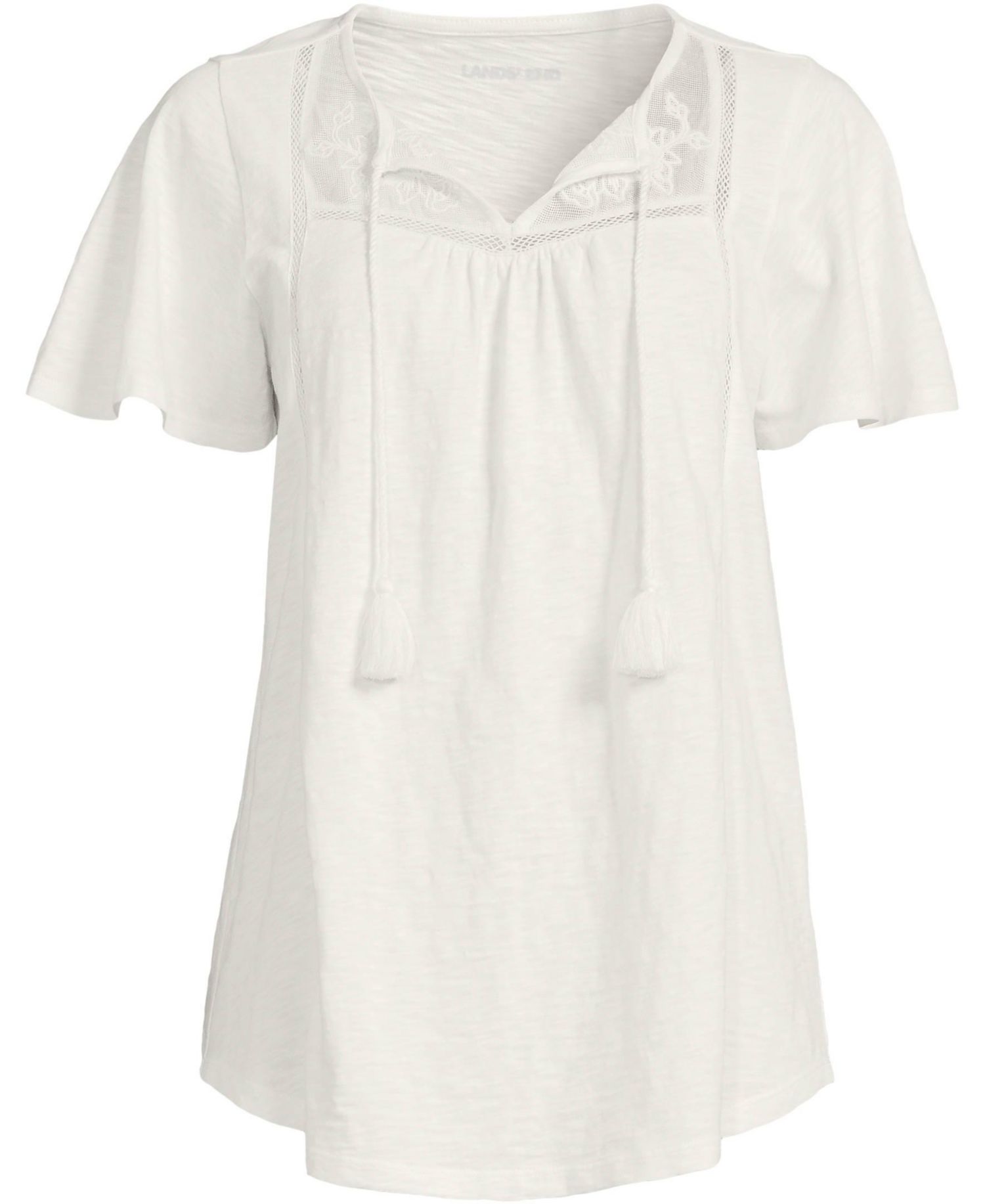 Women's Slub Flutter Sleeve Lace Trim Notch Neck Tunic Top