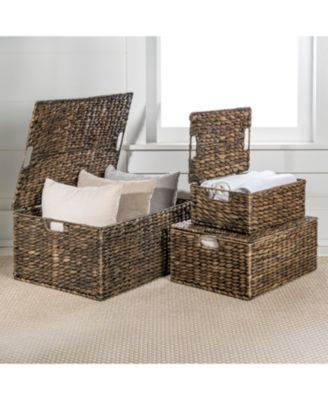 Brooks Farmhouse Woven Hyacinth Rectangular Storage Baskets with Lids and Handles, Set of 3