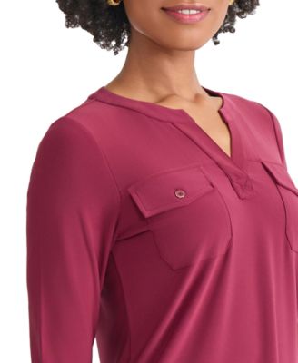 Women's Solid 3/4-Sleeve Flap-Pocket Knit Top