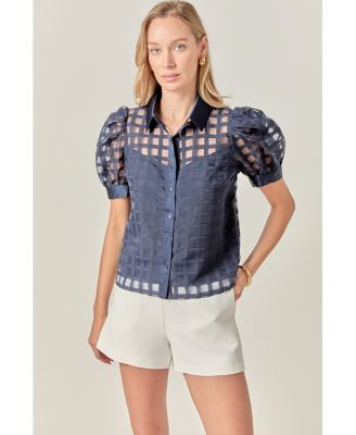 Women's Short Sleeve Organza Grid Blouse