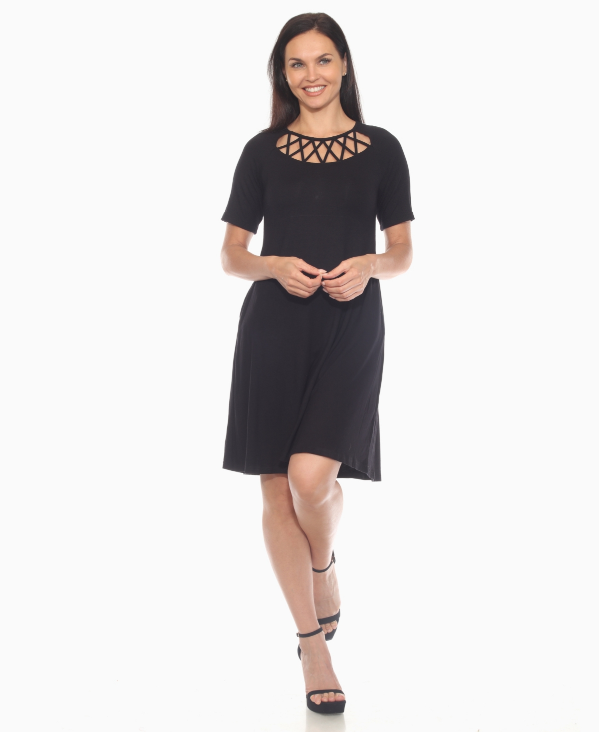 White Mark Plus Size Short Sleeve Crisscross Neck A-line Dress In Black