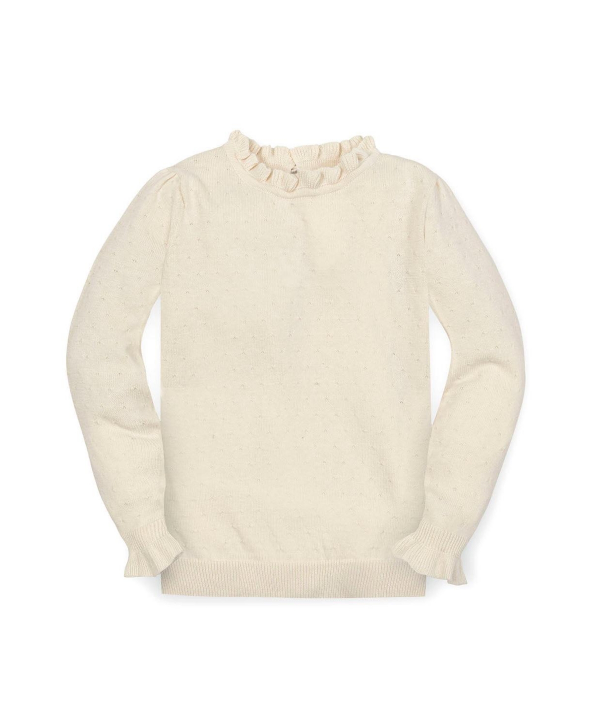 Hope & Henry Little and Big Girls' Organic Long Sleeve Ruffle Edge Sweater - Ivory dot texture