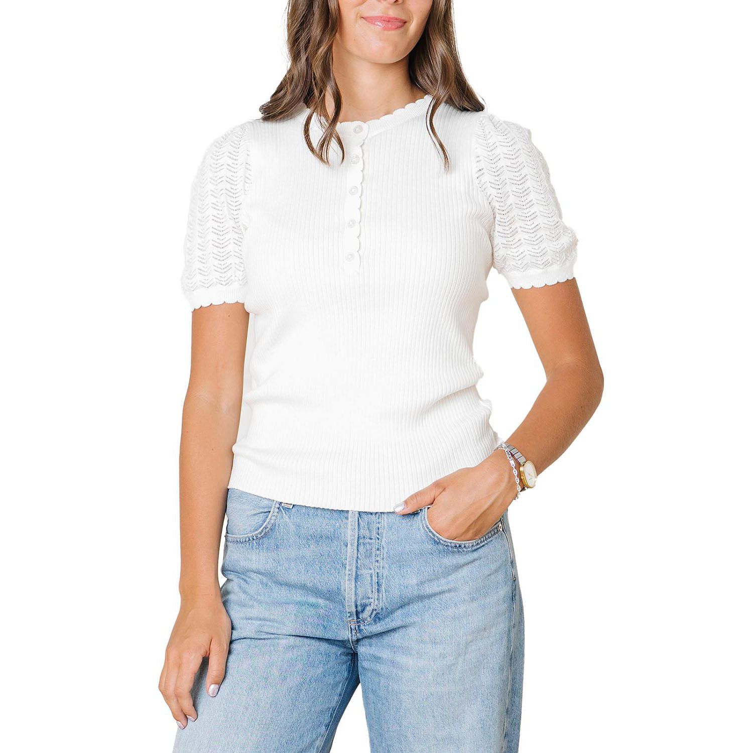 Women's Hope and Henry Organic Pointelle Sleeve Henley Sweater