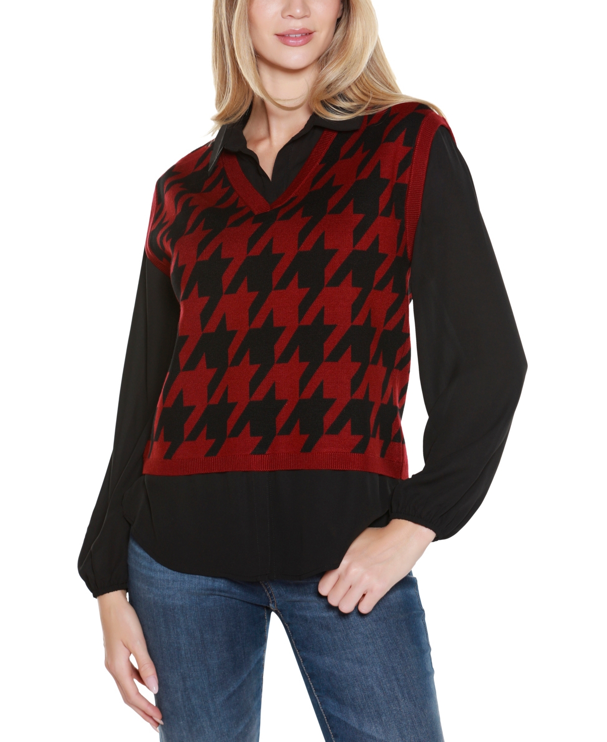 Belldini Women's Houndstooth Two-fer Sweater In Multi