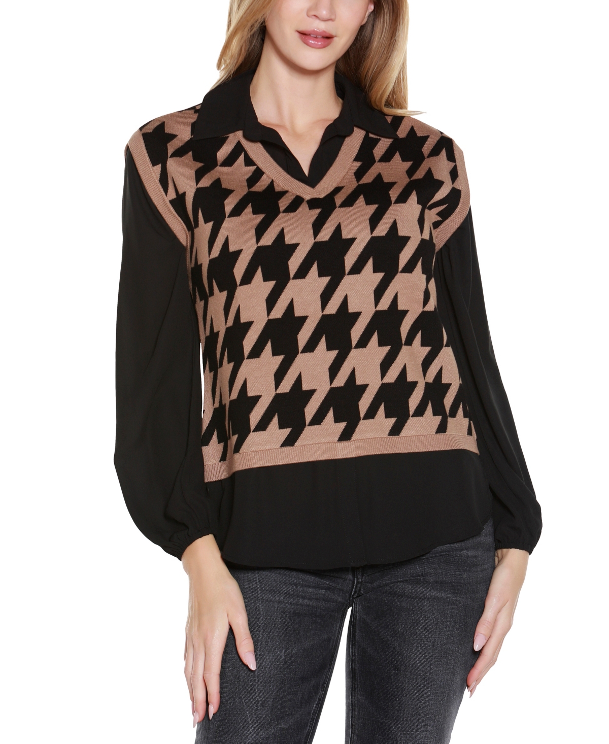 Belldini Women's Houndstooth Two-fer Sweater In Brown