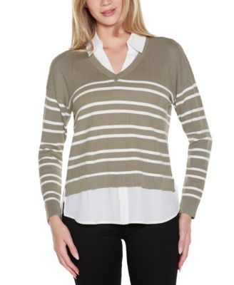 Women's Striped V-Neck Two-Fer Sweater