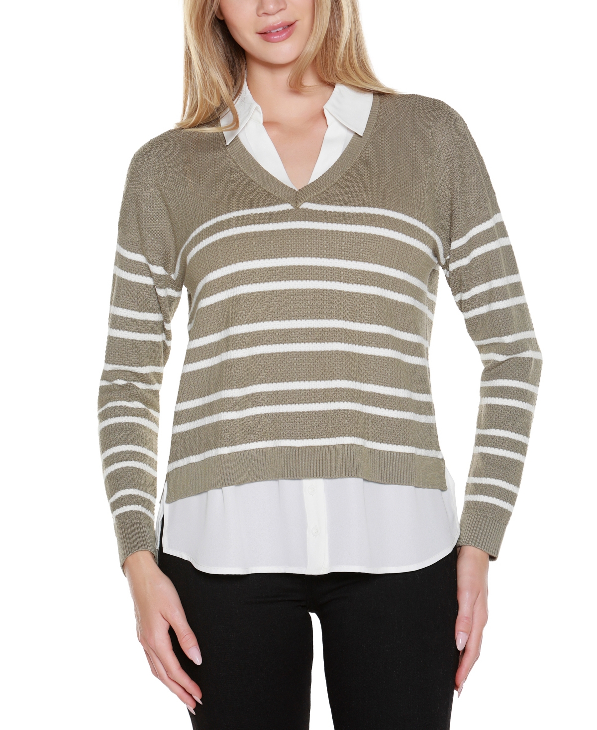 Belldini Women's Striped V-neck Two-fer Sweater In Gray