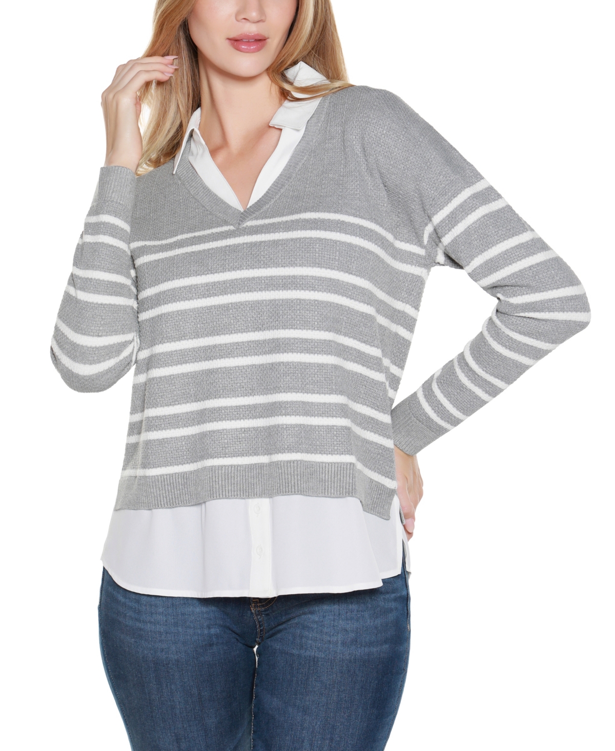 Belldini Women's Striped V-neck Two-fer Sweater In Gray