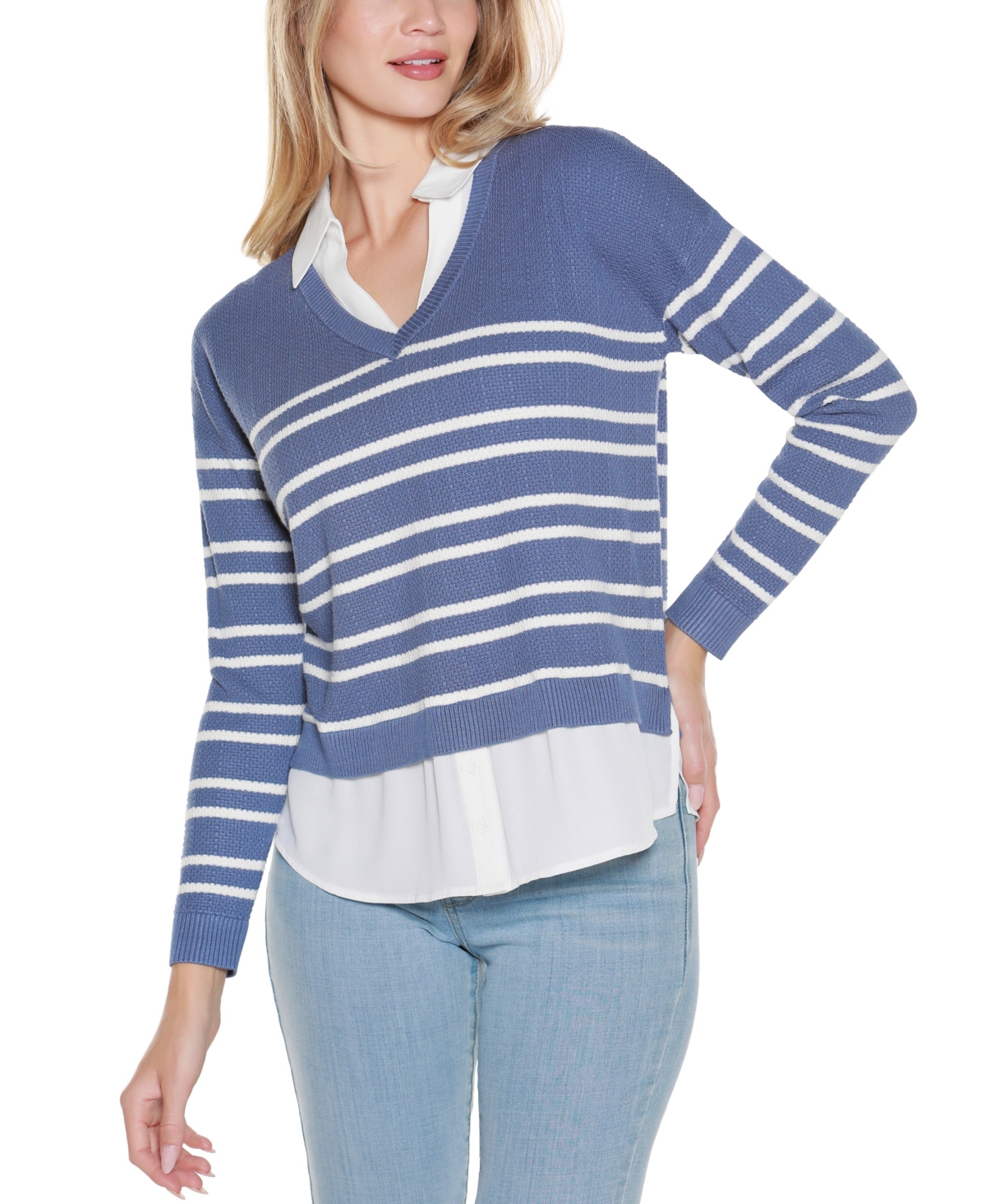 Belldini Women's Striped V-neck Two-fer Sweater In Blue