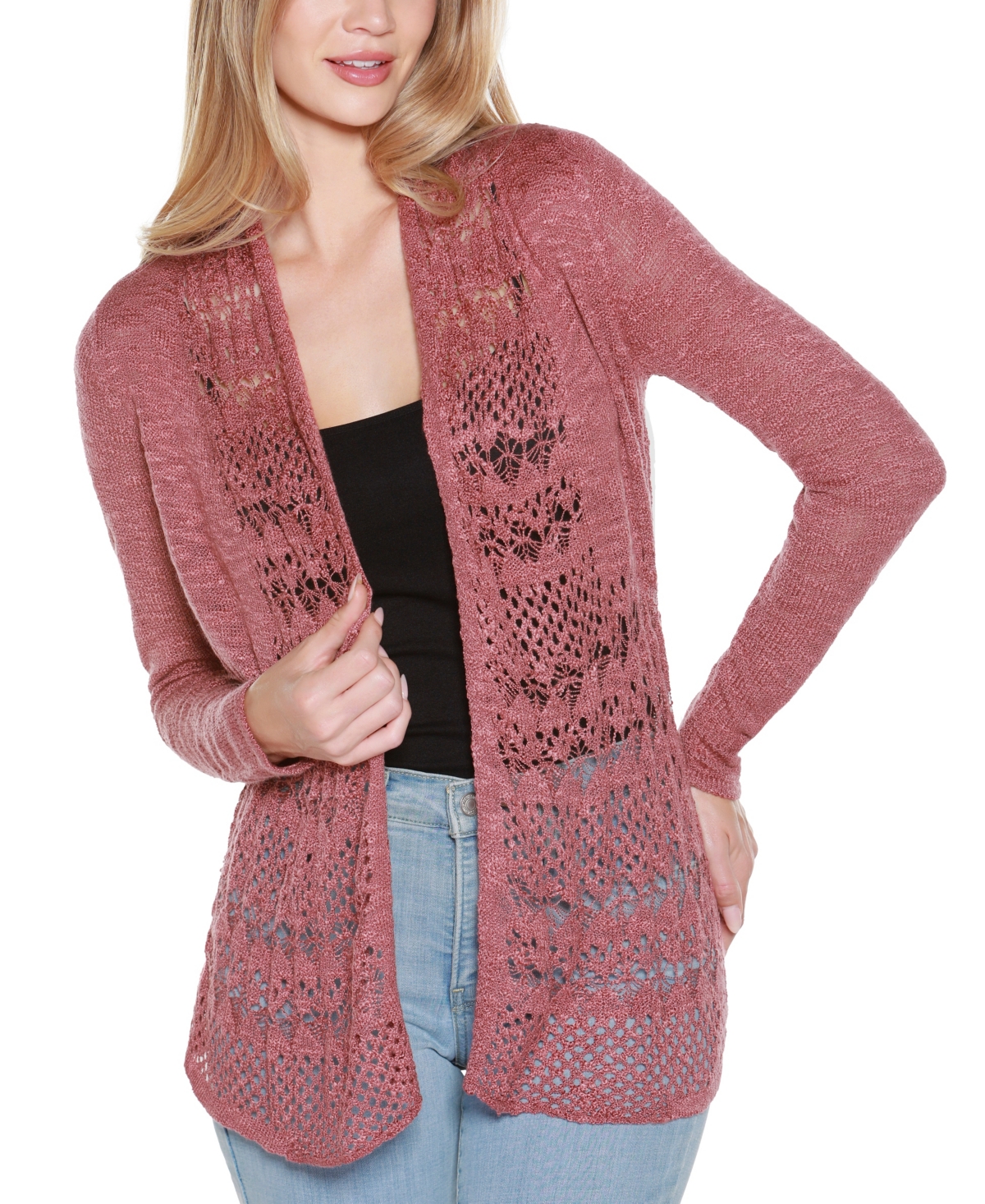 Belldini Women's Open-front Pointelle-trim Cardigan Sweater In Purple
