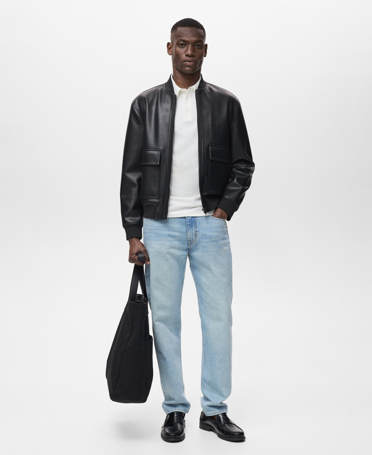 Mango Faux Leather Bomber Jacket In Black