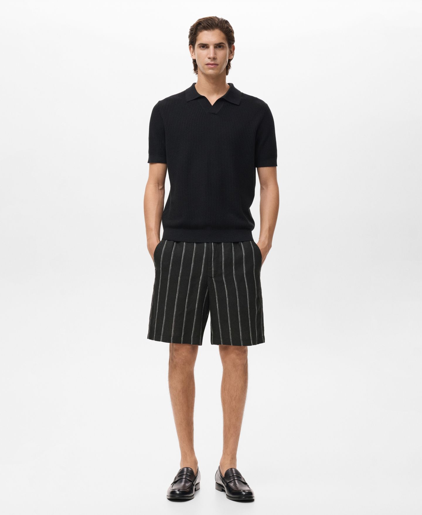 Мужские шорты Mango Striped Linen-Blend 8.5" Bermuda, цвет: Угольный — фото 2