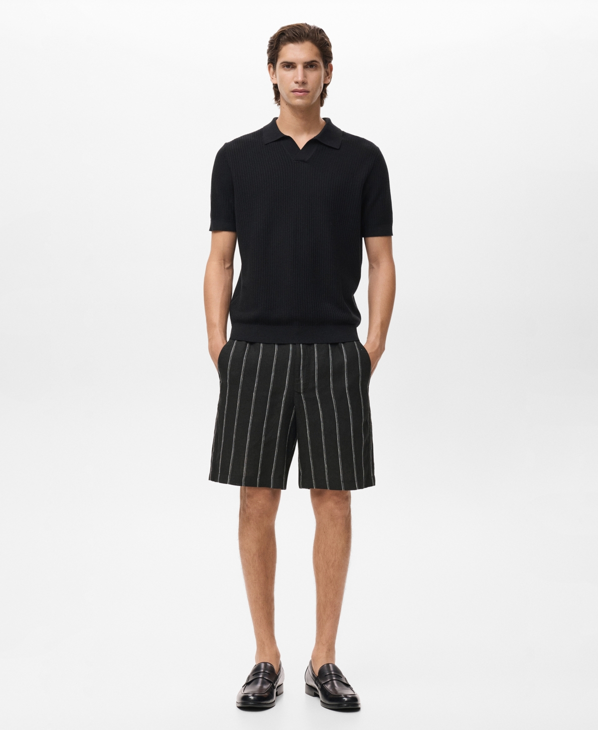 Mango Stripe Linen Bermuda Shorts In Gray
