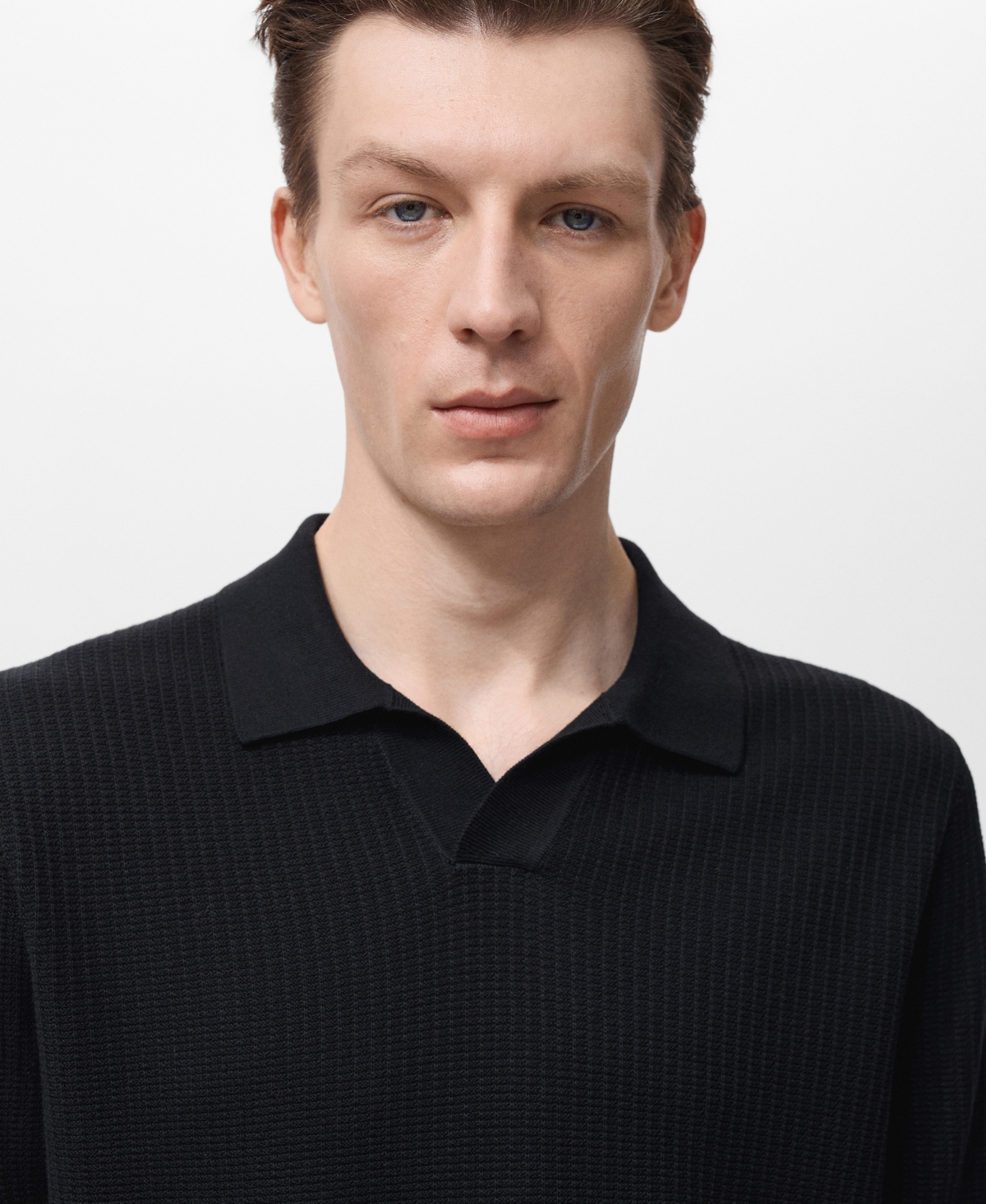 Mango Structured Fine Knit Polo In Black