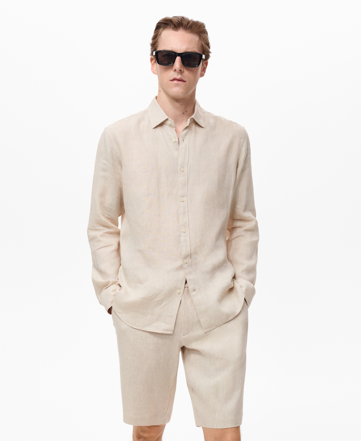 Mango Classic Fit Linen Button-up Shirt In Nude