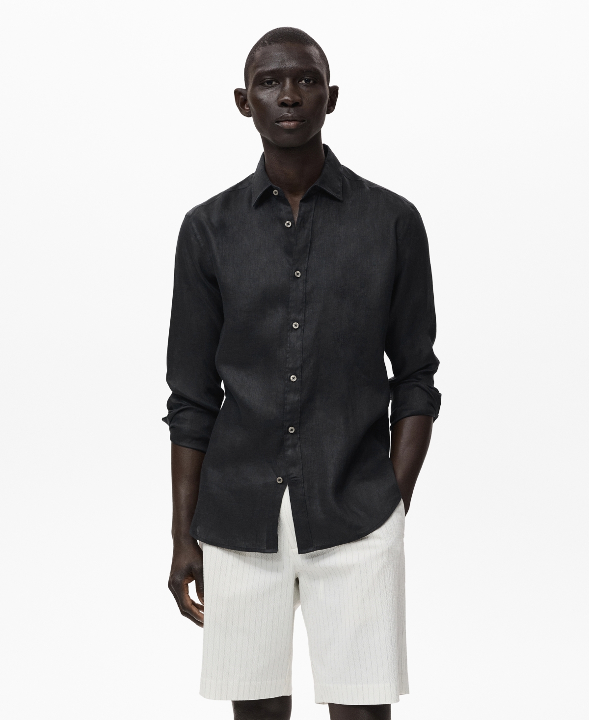 Mango Classic Fit Linen Button-up Shirt In Black