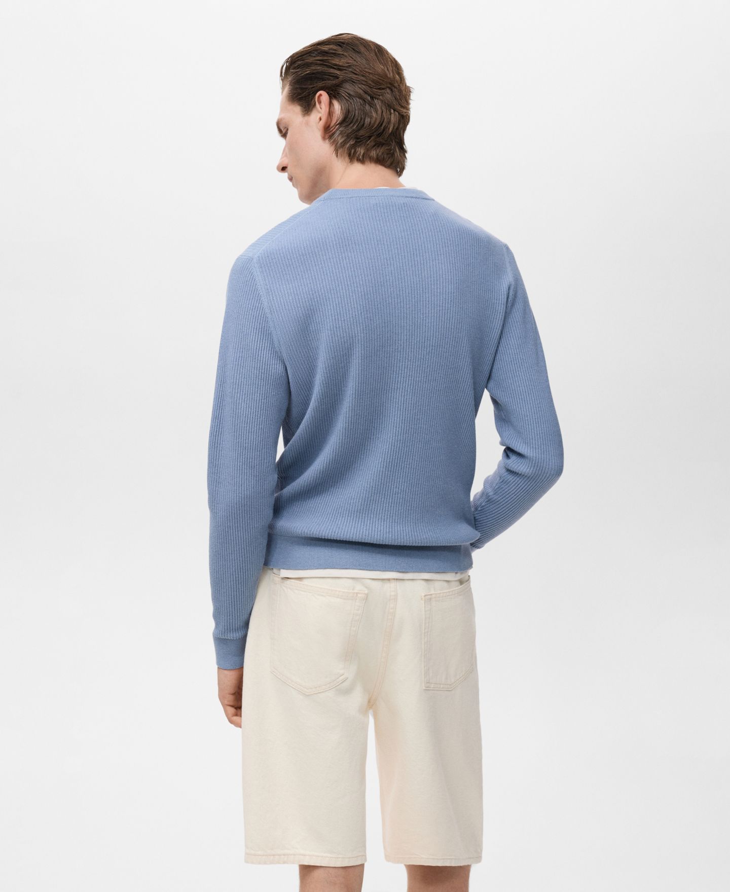 Мужской свитер MANGO Fine Rib-Knit Cotton, цвет: Синий — фото 3