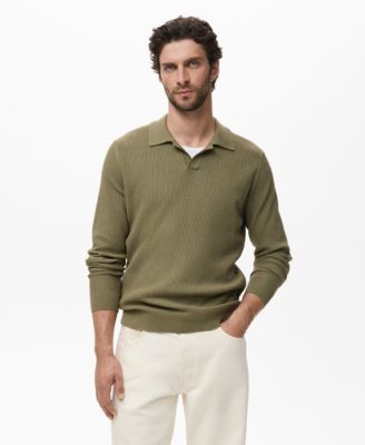 MANGO - Men's Cotton-Blend Ribbed Polo Sweater