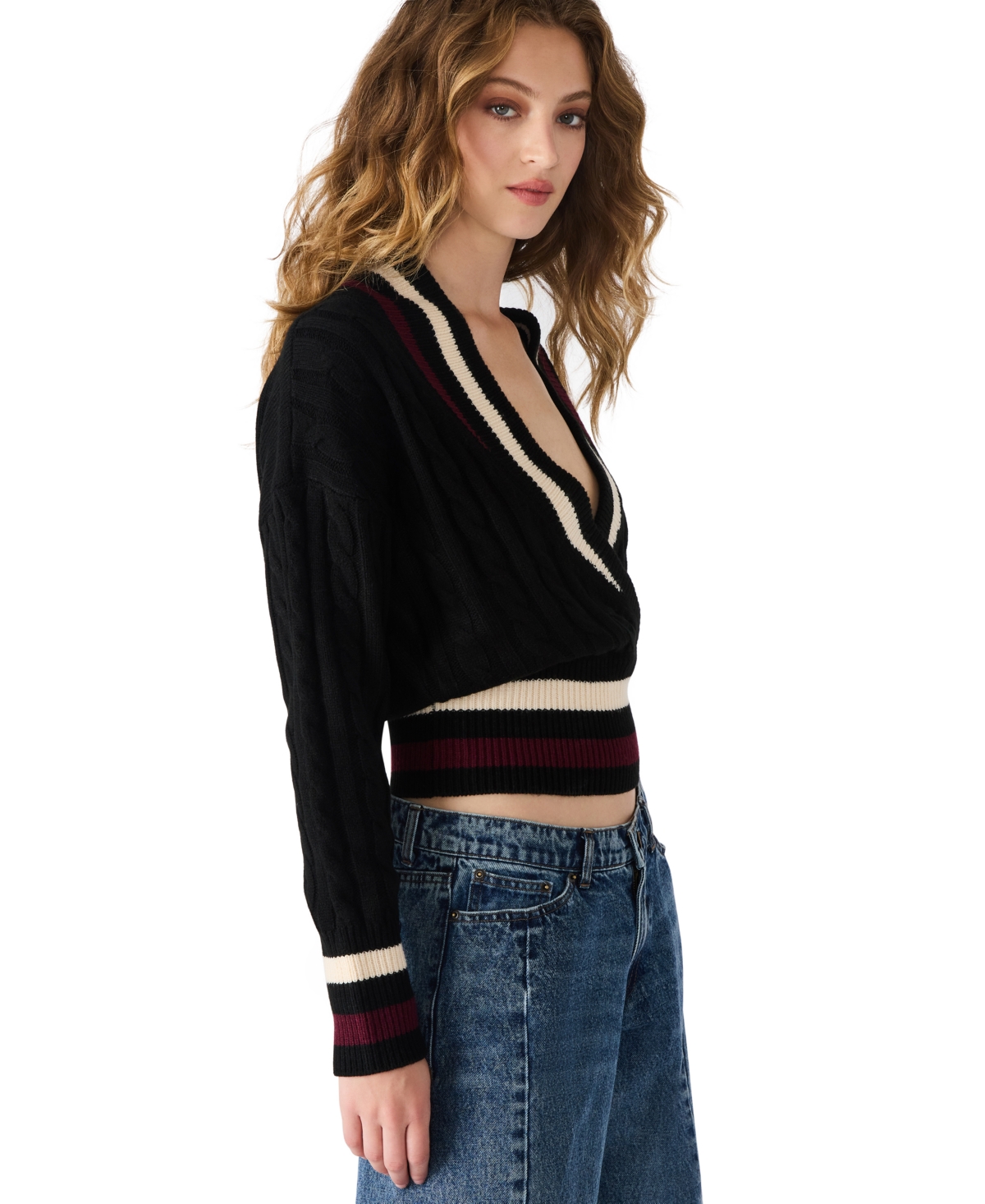 Steve Madden Addison Contast Trim Cable Knit Sweater In Gold