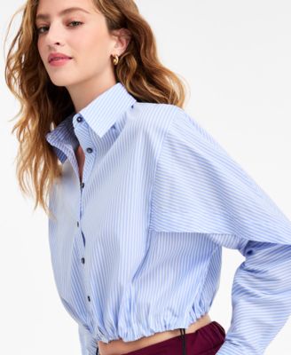 Women's Collared Button-Front Cropped Shirt