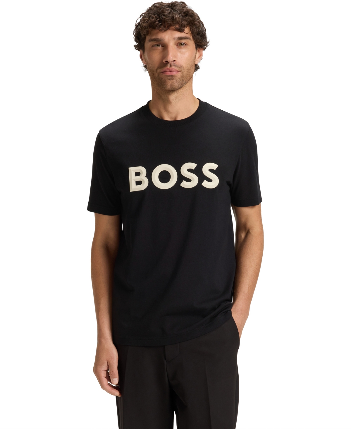 Hugo Boss Cotton-jersey T-shirt With Curved-logo Print In Black