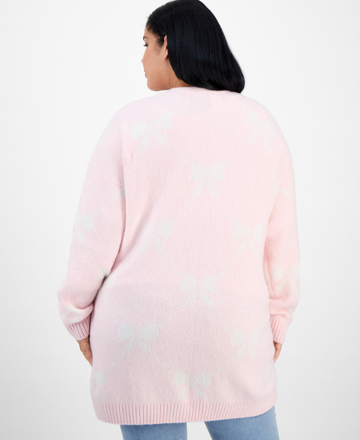 Hippie Rose Trendy Plus Star-print Open-front Long Cardigan In Pink