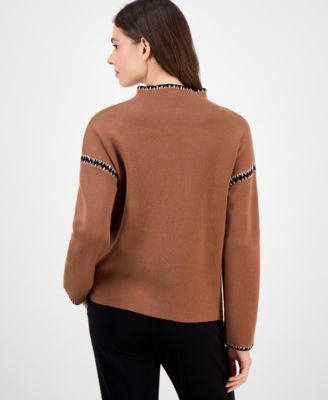 Women's Mock-Neck Embroidered-Stitch Sweater
