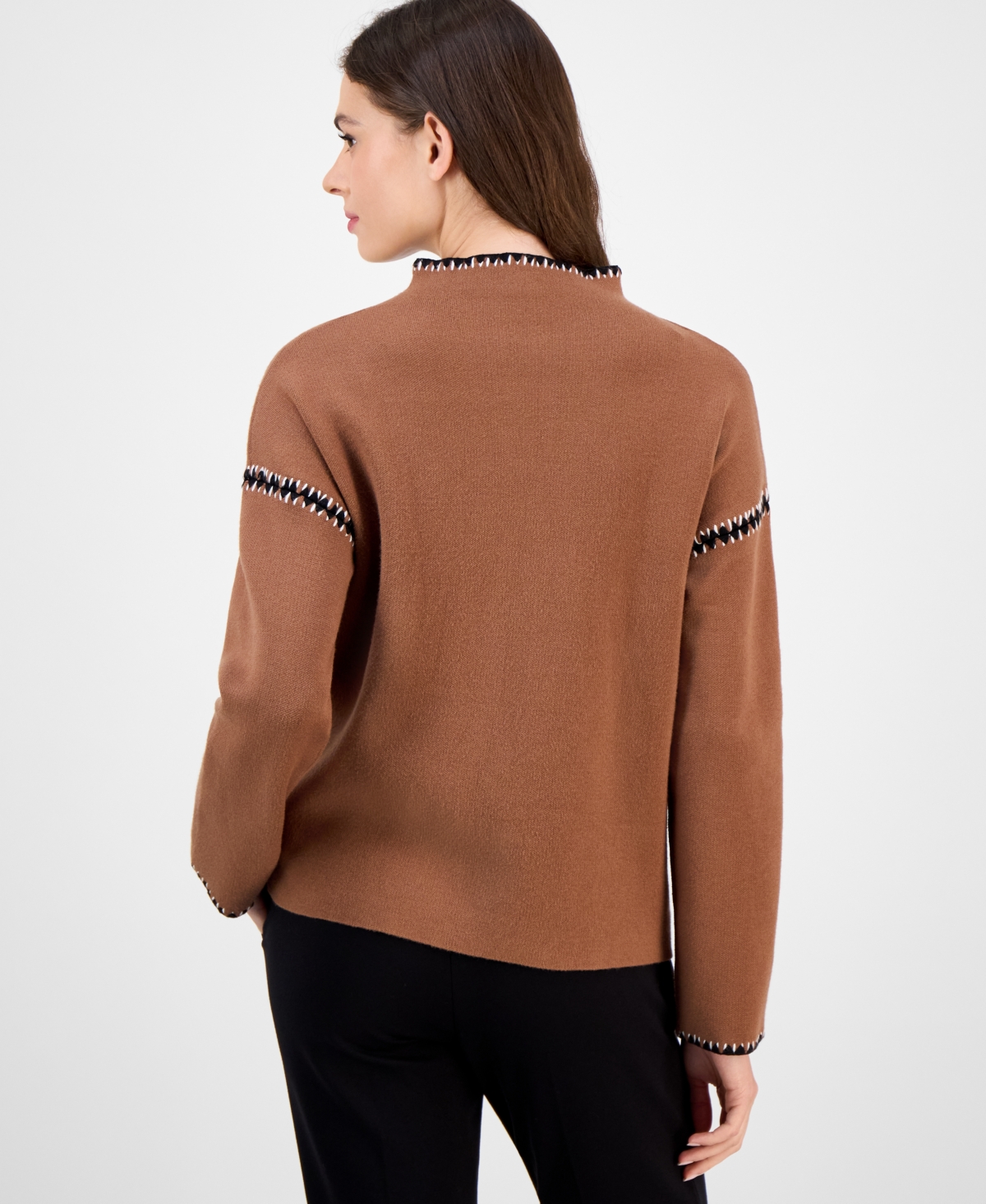 T Tahari Women's Mock-neck Embroidered-stitch Sweater In Brown