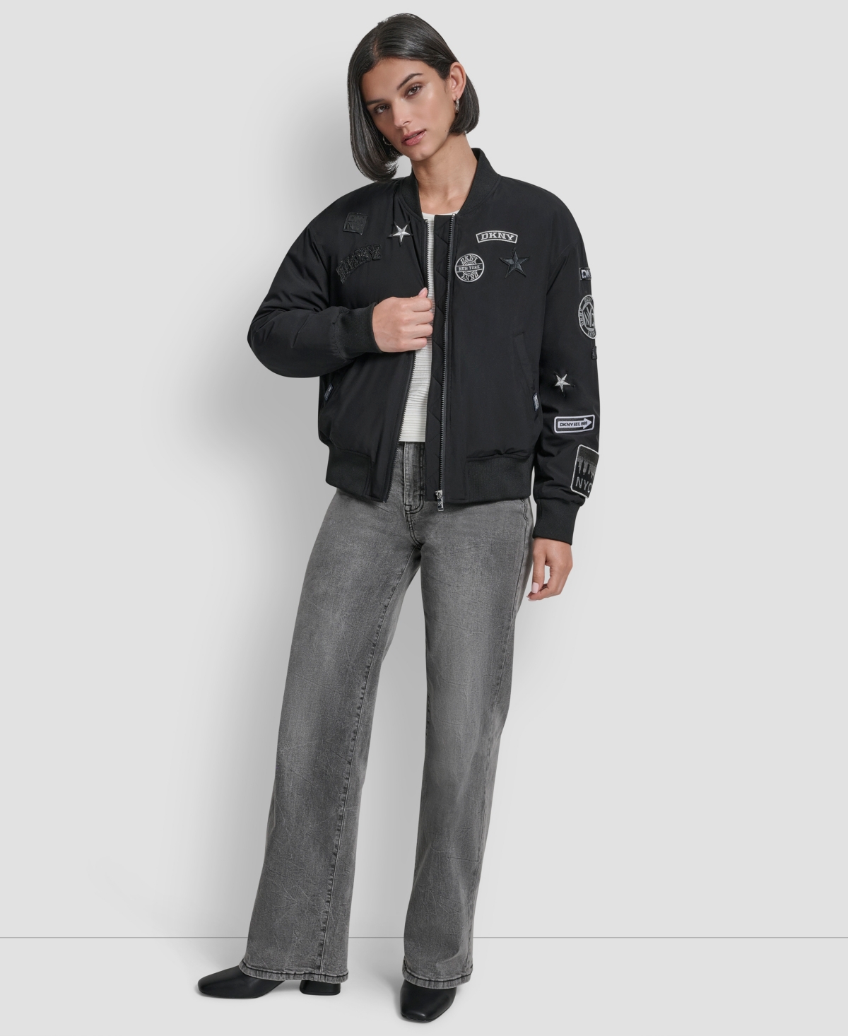 Dkny Women's Pins And Patches Long Sleeve Bomber Jacket In Black