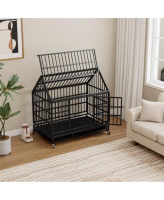 Black Metal 48 in. Heavy Duty Dog Crate with Wheels, Folding Big Dog Cage with a pointed roof and Removable Tray