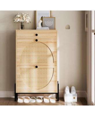 Shoe Cabinet with 2 Flip Drawers, Oak