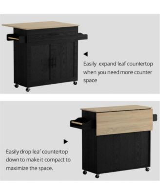 Rolling Kitchen Island with Drop Leaf, Storage Cabinet, Drawer, Black