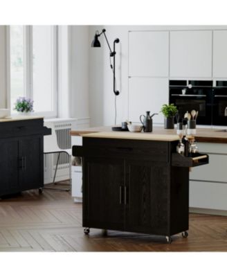 Rolling Kitchen Island with Drop Leaf, Storage Cabinet, Drawer, Black