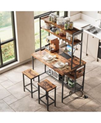 Kitchen Island with Stools, Storage and Power Outlet, Vintage Brown