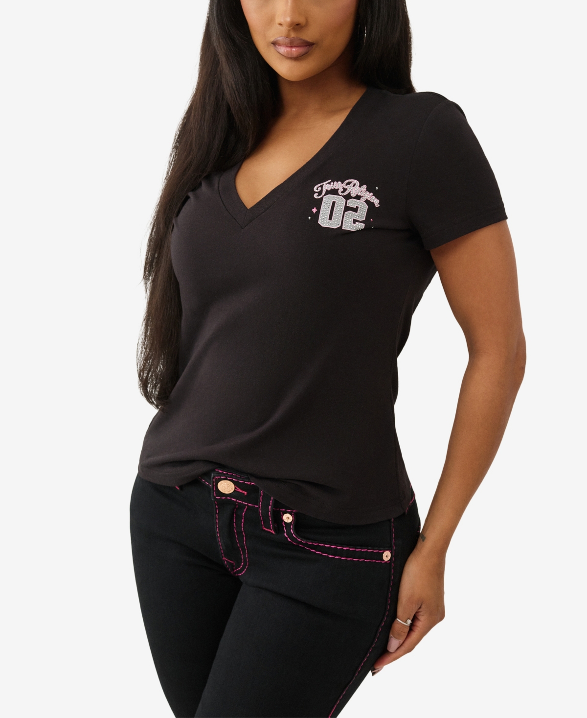 True Religion Women's Sporty Crystal V Neck T-shirt In Black