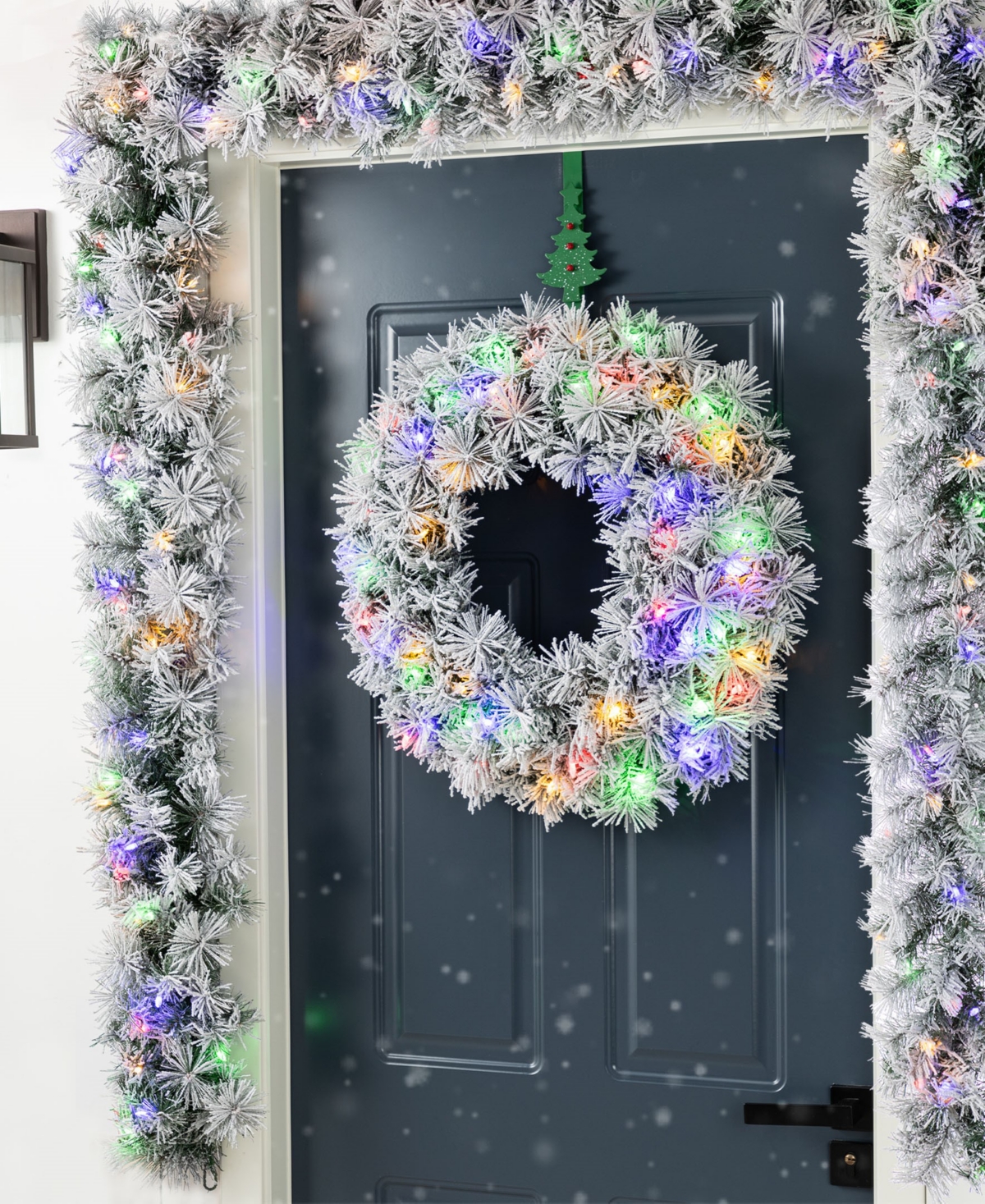 Glitzhome Pre-lit Snow Flocked Greenery Pine Christmas Wreath Matched Garlands, Set Of 3 In Multi