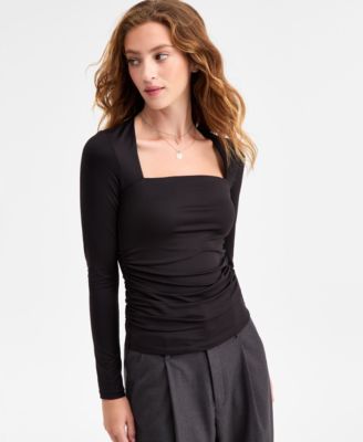 Bar III - Women's Square-Neck Ruched Knit Top